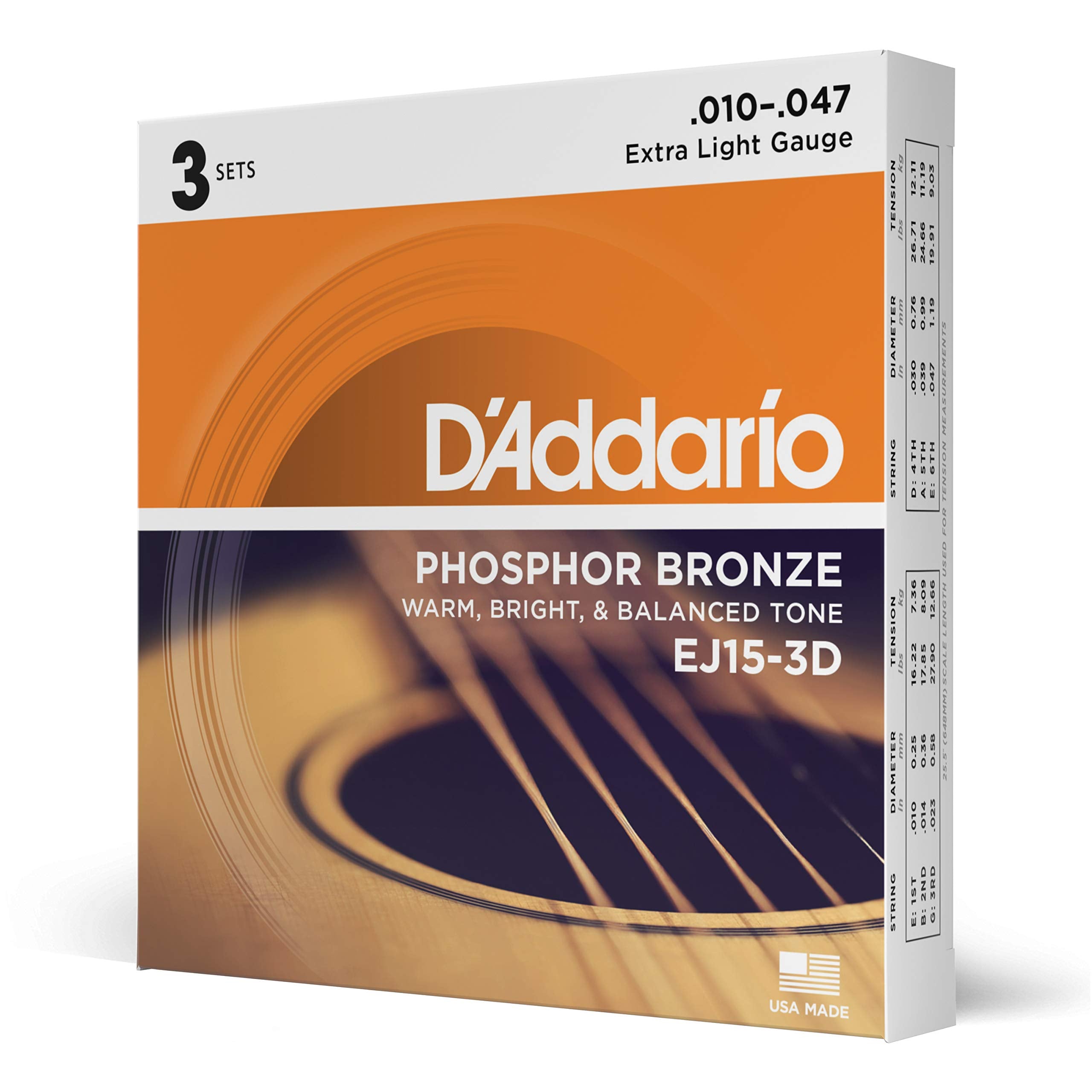 10-47 Extra Light, Phosphor Bronze Acoustic Guitar Strings 3-Pack
