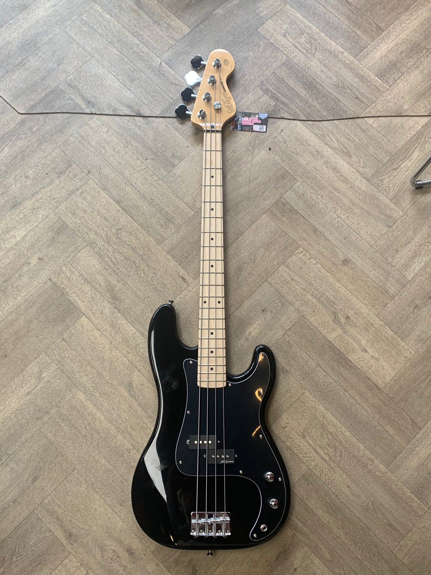 VINTAGE V40 MAPLE COASTER SERIES BASS GUITAR - GLOSS BLACK