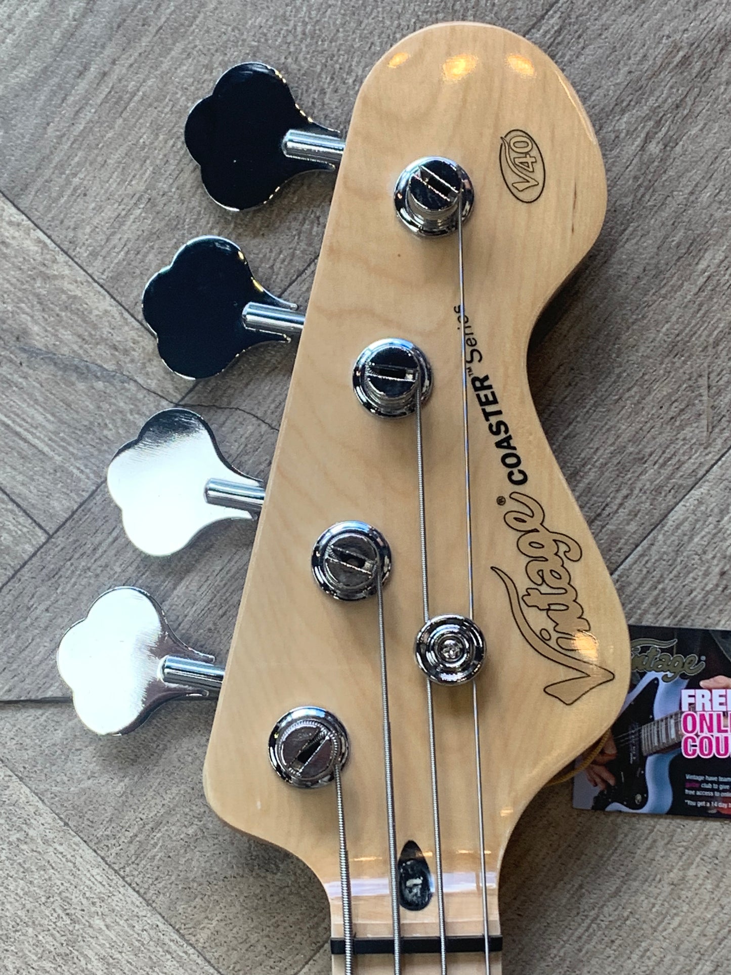 VINTAGE V40 MAPLE COASTER SERIES BASS GUITAR - GLOSS BLACK