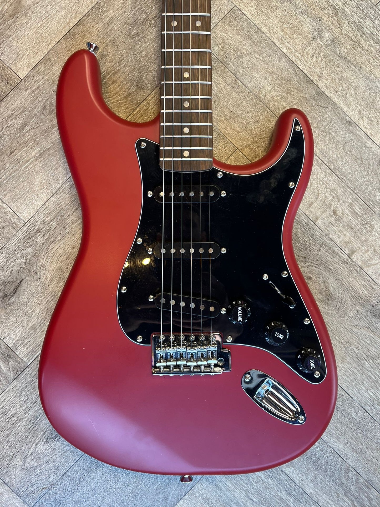 Modified Squier Stratocaster in Cherry Red with Black pickguard