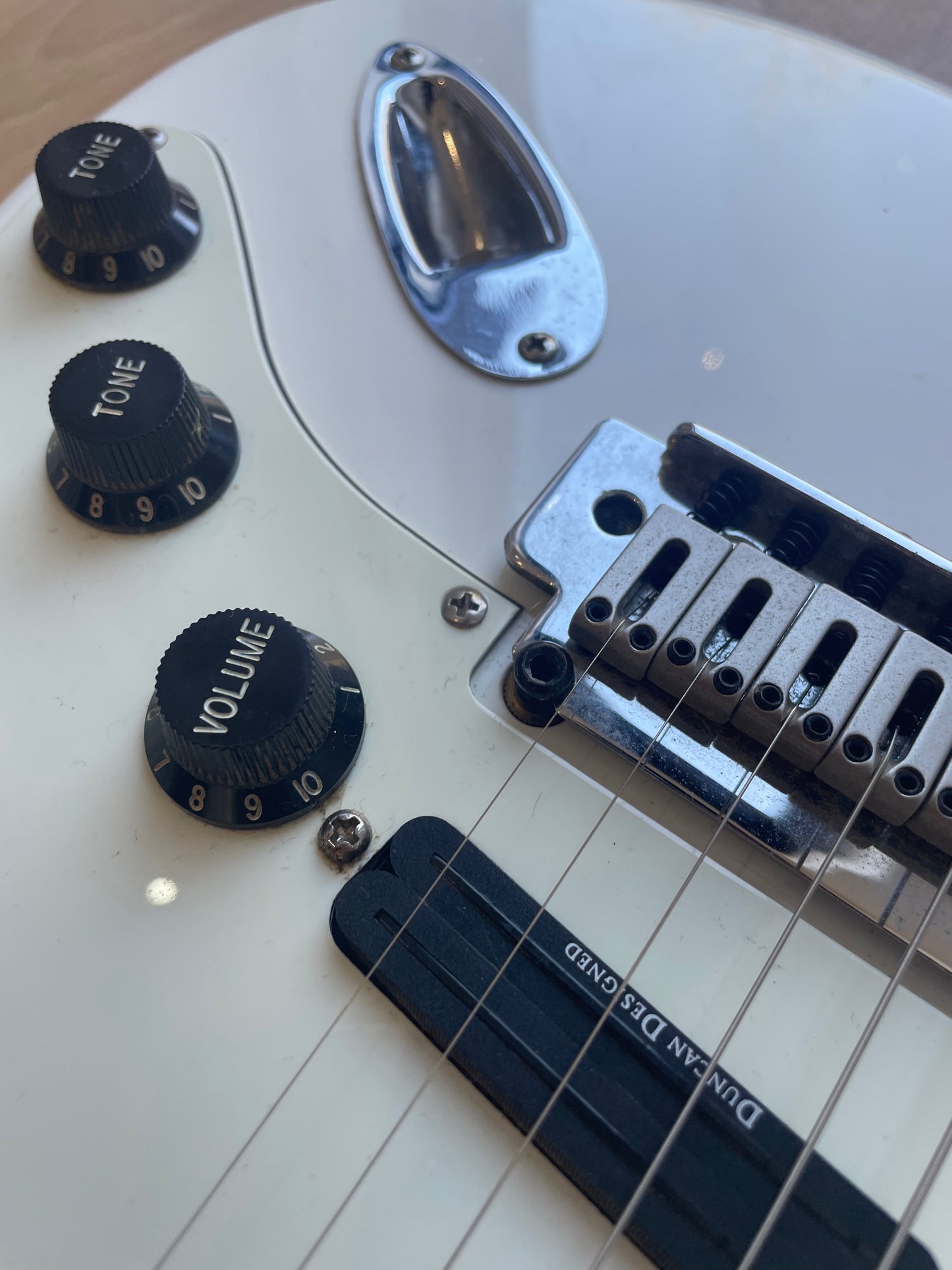Beautful White Squier Strat modified with Seymour Duncan Pickups
