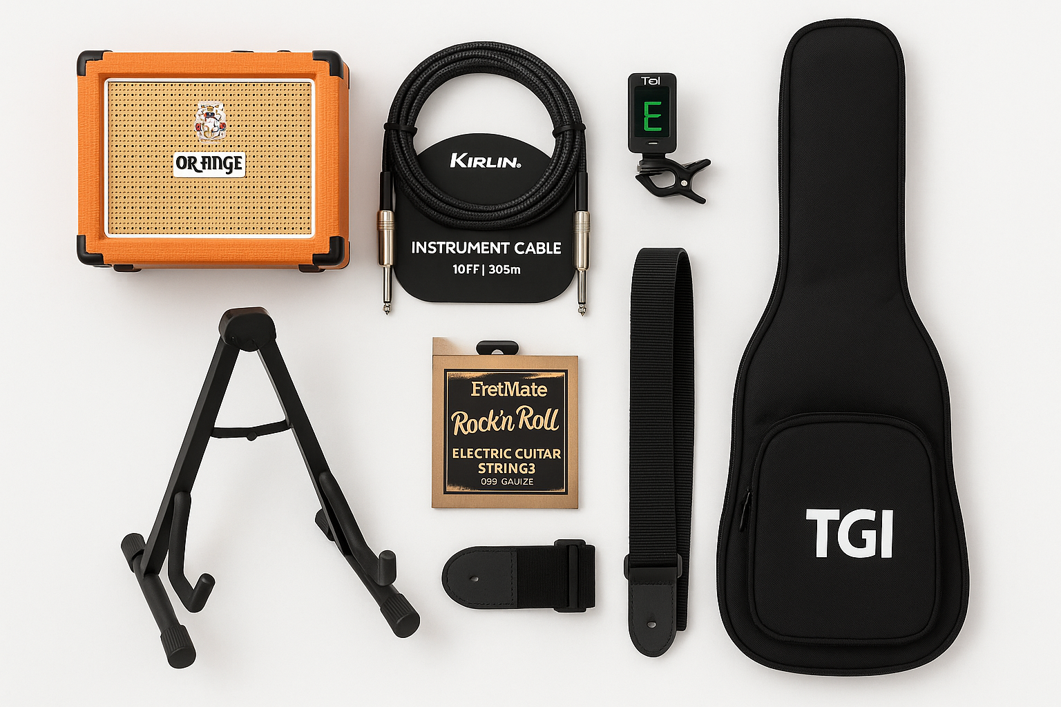 a bundle pack based around: Orange Crush Mini amplifier – a compact amp with real Orange tone.
Kirlin 10’ fabric instrument cable – strong, flexible, and reliable.
TGI 101 clip-on tuner – keeps your guitar perfectly in tune.
TGI electric gig bag (Student Series) – lightweight protection for your guitar.
TGI guitar stand – keeps your instrument safe and ready to play.
Fretmate Rock’n’Roll .009 strings – a spare set of strings to keep you going.
50mm polypropylene guitar strap – play standing up in comfort.