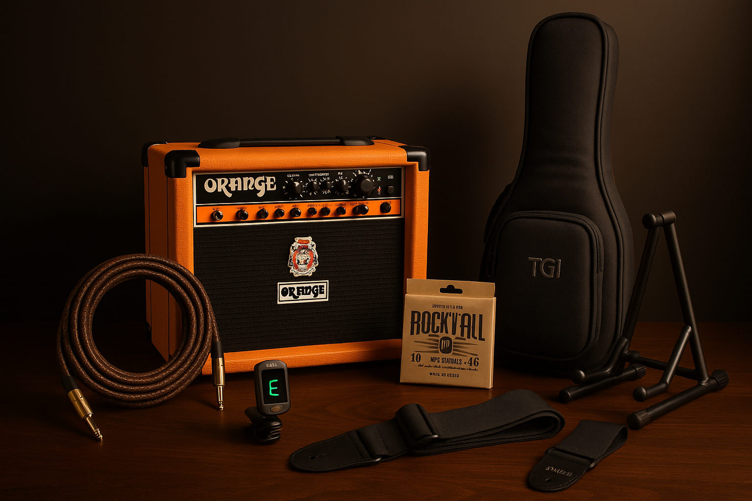 can you give me a montage of this products with a premium look - Orange Crush 20RT amplifier – professional power with reverb &amp; tuner built-in
Kirlin premium braided cable – top-tier tone and durability
High-precision clip-on tuner – accurate and fast tuning
TGI Transit Bag– ultimate protection for your guitar
Pro-level guitar stand – solid, stable, road-ready
Fretmate Rock’n’Roll string set – stock up and stay gig-ready
D'addario Strap, perfect for performances