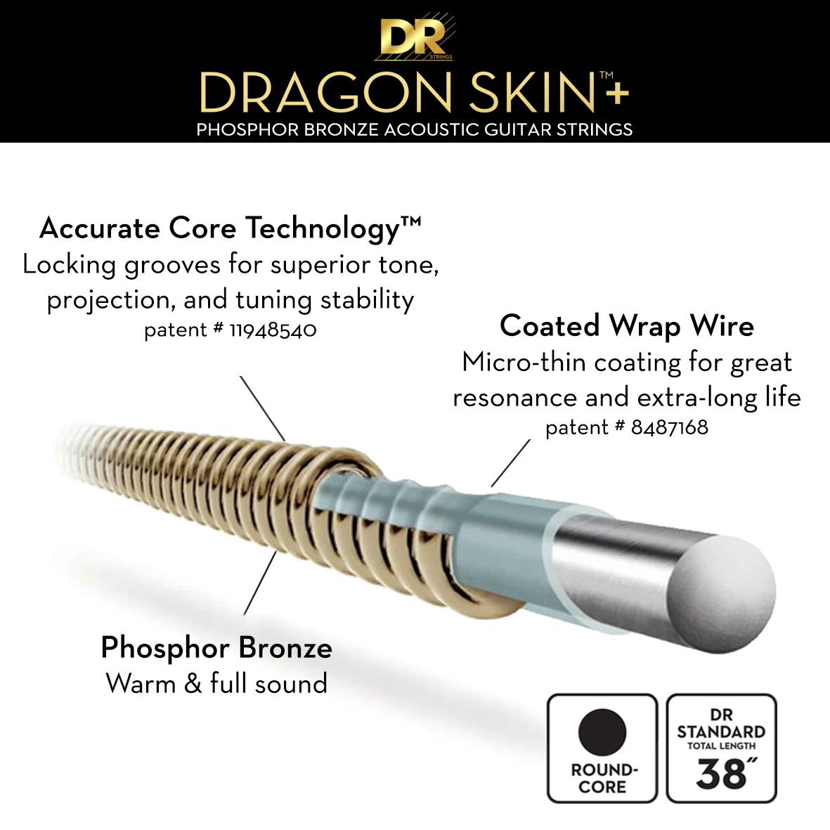 DR Strings Dragon Skin+ Phosphor Bronze Acoustic Guitar Custom Light 11-50